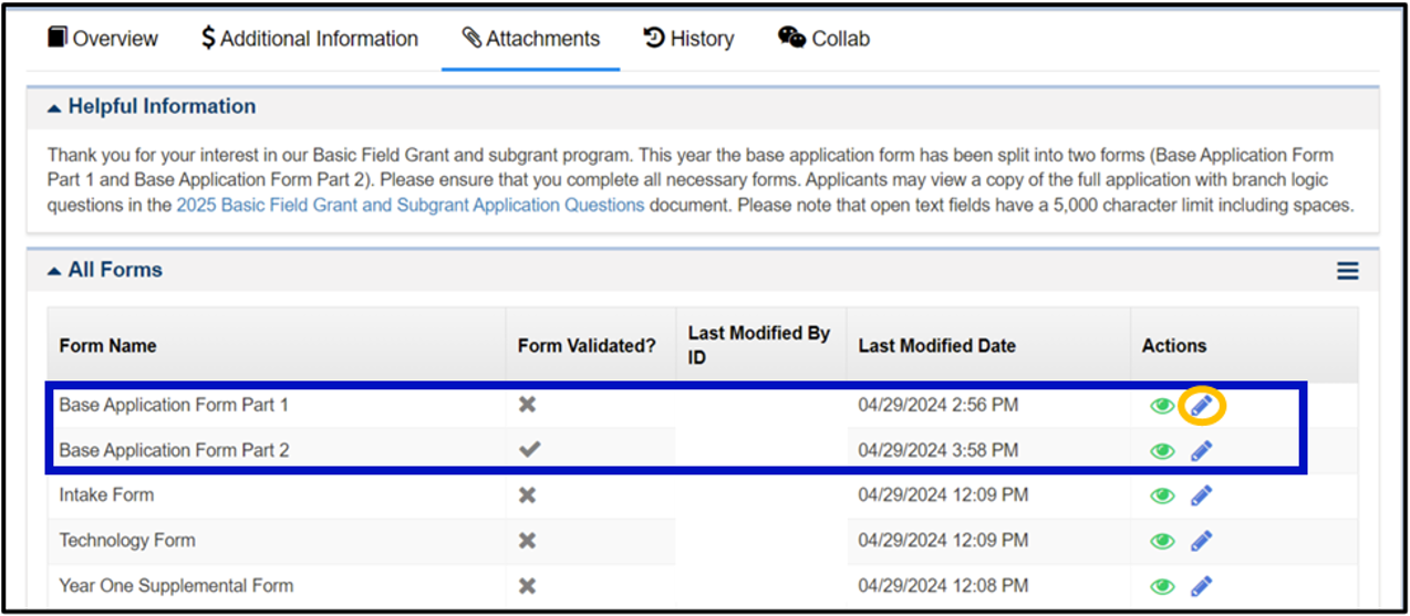 Image of Locating and Selecting the Edit Icon for the Base Application Form (pt. 1)