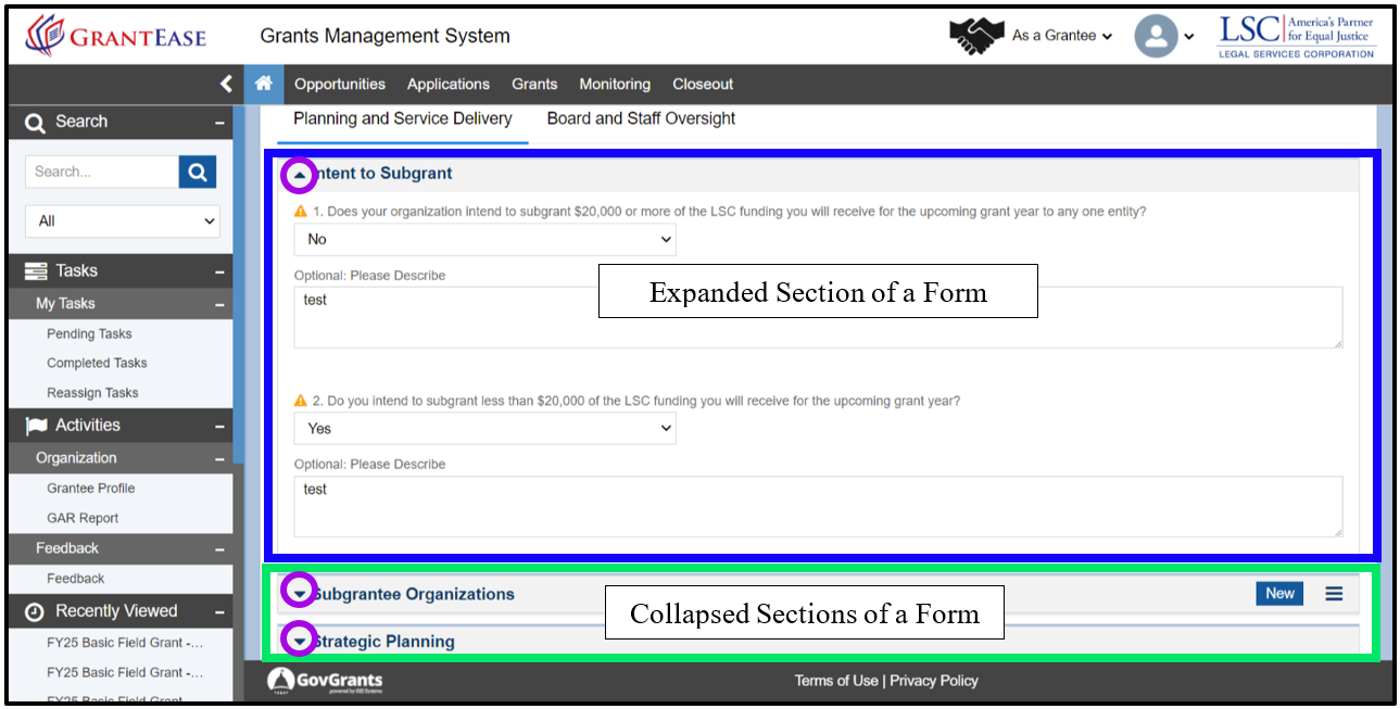 Image of the Expanded and Collapsed Service Delivery Tab Sections