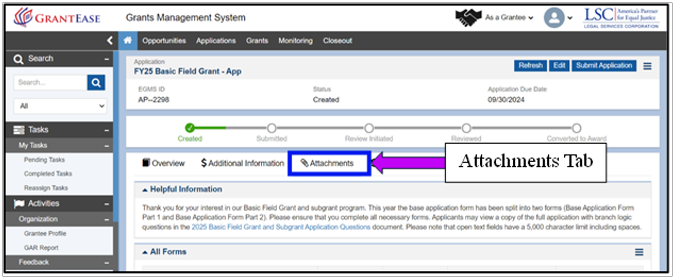 Image of the Attachments Tab of the Basic Field Application